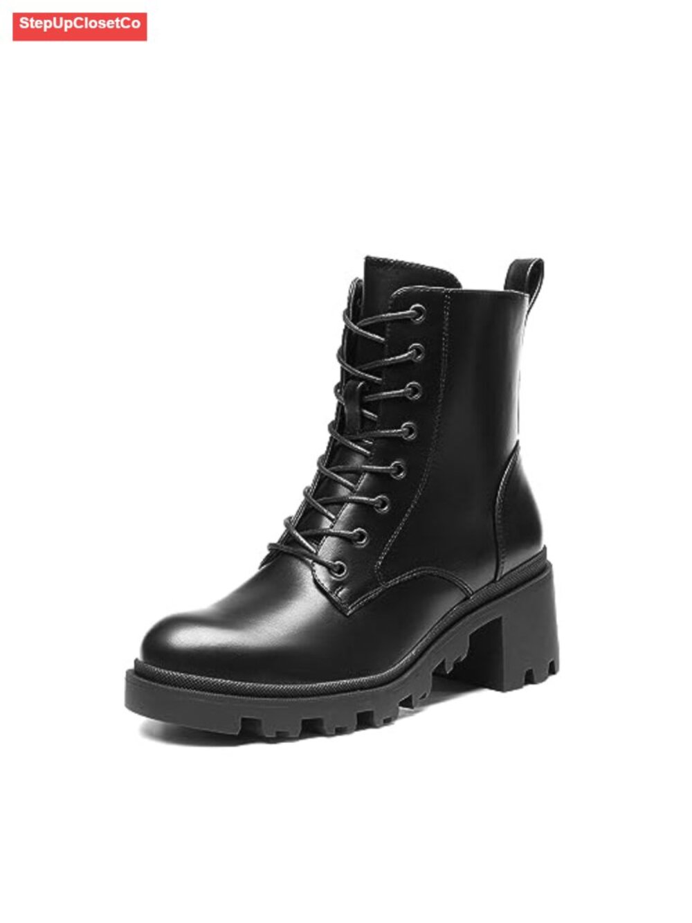 Ankle Boots Lace Up Combat Style PU Upper Lug Sole 2.36 Heel Side Zipper